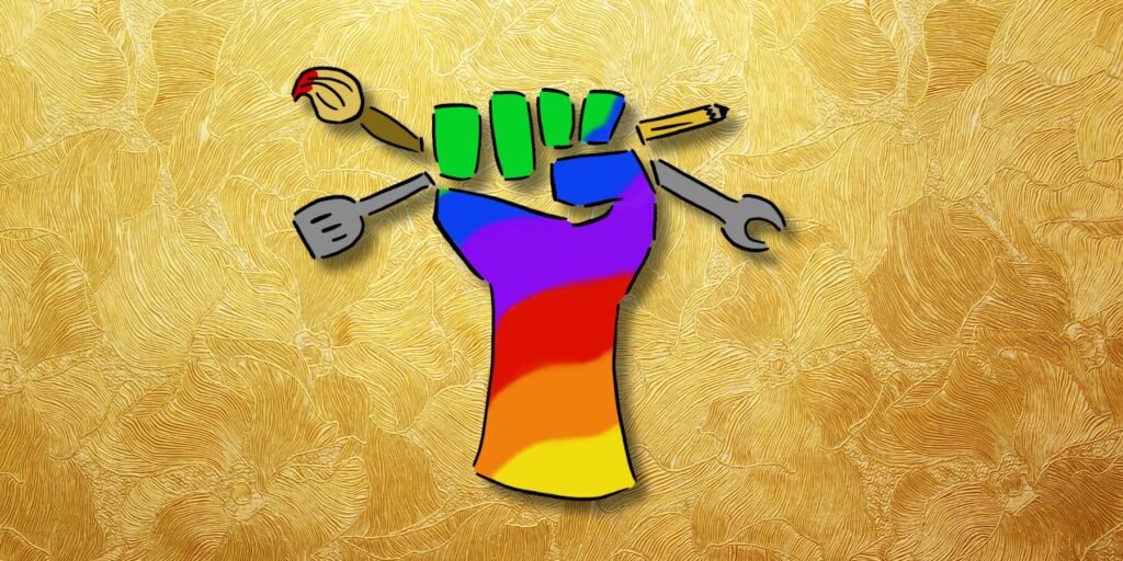 Raised fist in rainbow colors clutching tools and art supplies over a brushed gold background.